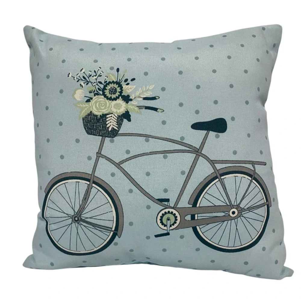 Hampton Bay 17x17 Throw Pillow Powder Blue Bicycle Flower Basket Outdoor Decor